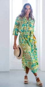 Fergie Cuffed Sleeve Dress, Green and Yellow Paisley