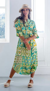 Fergie Cuffed Sleeve Dress, Green and Yellow Paisley