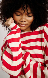 The Slouchy Rib Knit Top in Red and Cream Stripe