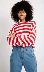 The Slouchy Rib Knit Top in Red and Cream Stripe