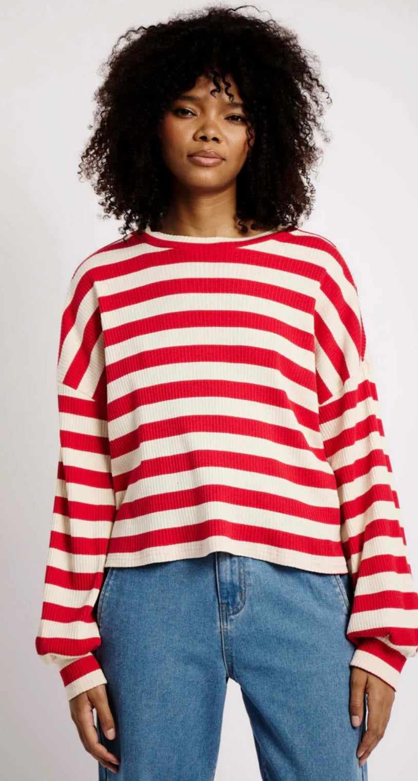 The Slouchy Rib Knit Top in Red and Cream Stripe