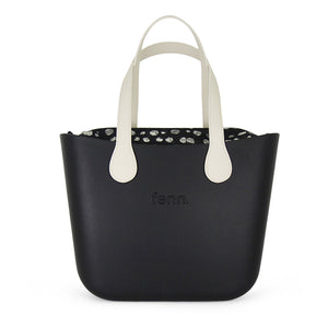 Fenn Original Collection handbag – Black – Pattern 70 Inner – Silver Zip – Off White Flat Microfibre Handle